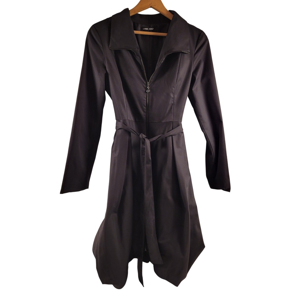 Samuel Dong Trench Coat Women S Black Excellent Bubble Hem Zip Front Belted